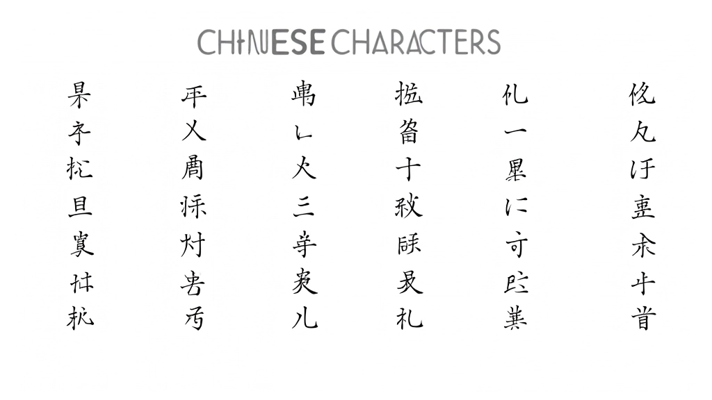 Collezione di 15 caratteri cinesi base con i loro significati e pronuncia pinyin etichettati