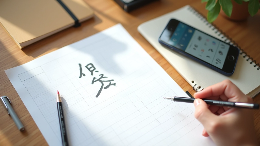 Materiali di studio per la scrittura cinese: fogli con griglia, varie penne, quaderno e app sullo smartphone