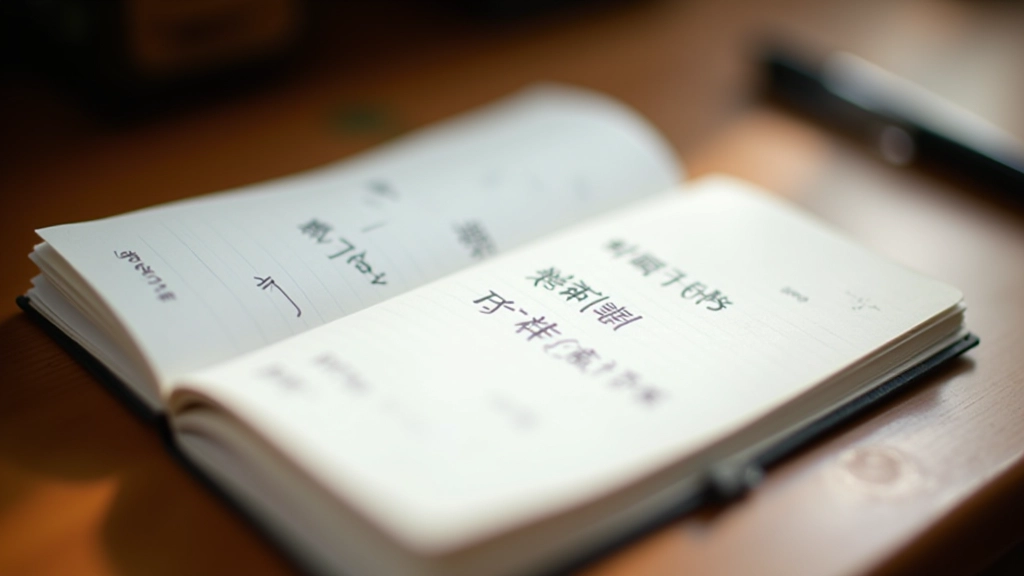 Tavolo di studio con quaderno aperto e caratteri cinesi scritti a mano