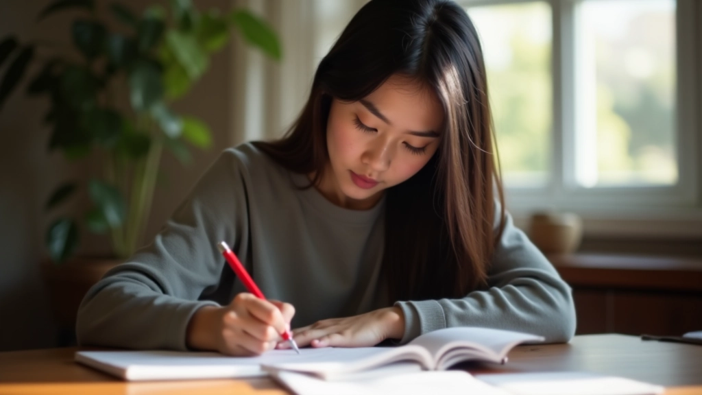Persona che rilegge le note di studio con penna rossa e blocco note