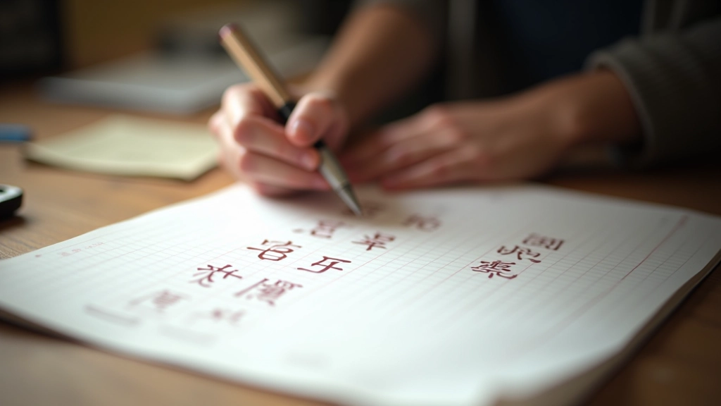 Mano di uno studente che pratica la scrittura di caratteri cinesi su carta con griglia, penna fine in mano