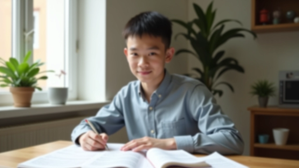 Studente che studia il cinese mandarino con libro e quaderno su scrivania moderna